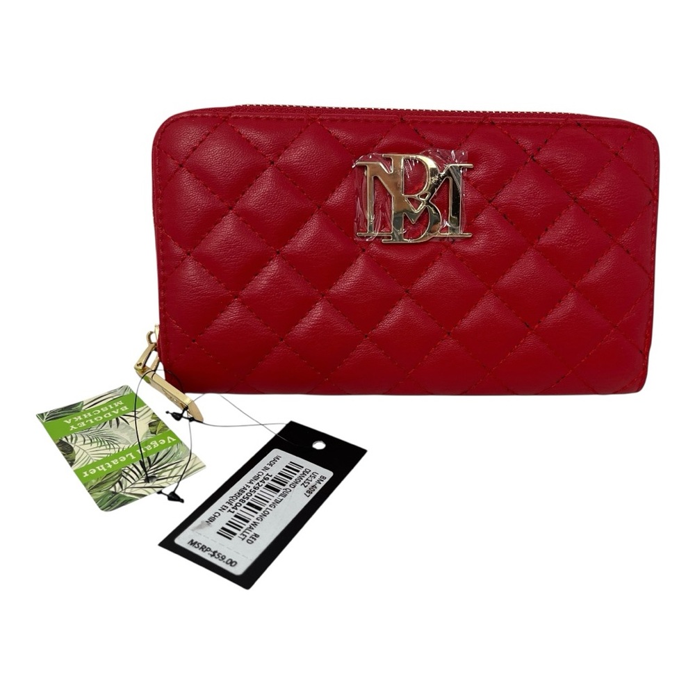 Badgley Mischka RED Long Wallet Diamond Quilting Vegan Zip Around BM-4087 NEW